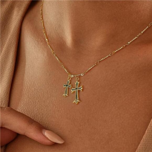 Cross Necklace for Women 14K Gold Plated Double Cross Pendant Necklace Trendy - Picture 6 of 7